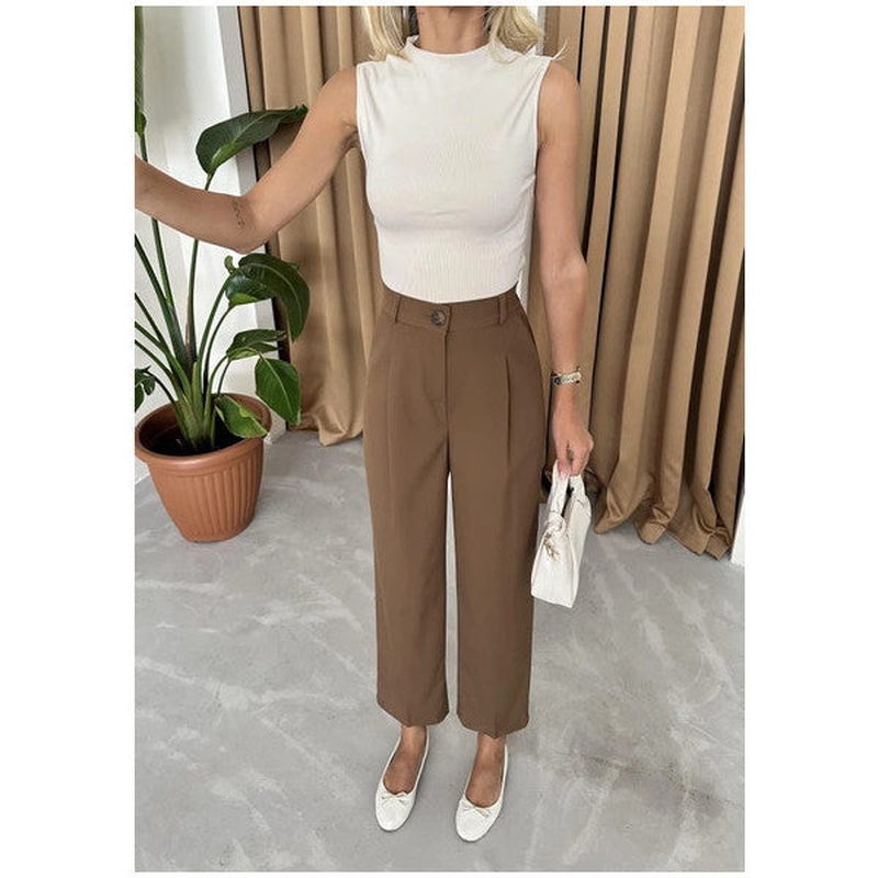 Brown Polyviscon Fabric Trousers