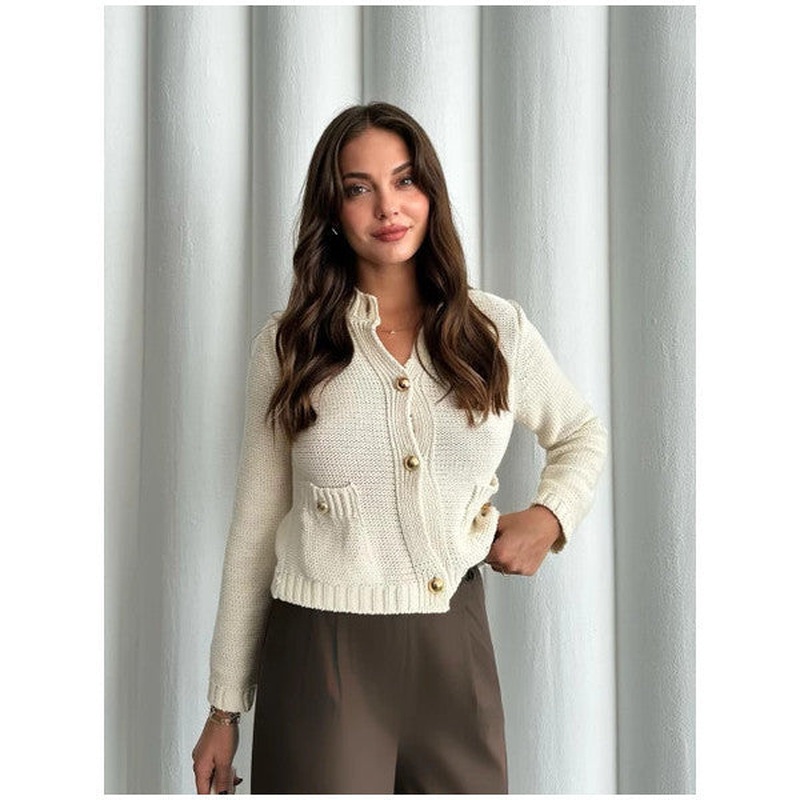 Cream Candy Metal Buttoned Pocket Knitted Cardigan