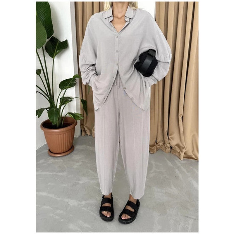 Gray Linen Shirt Shalwar Trousers Bottom-Top Set