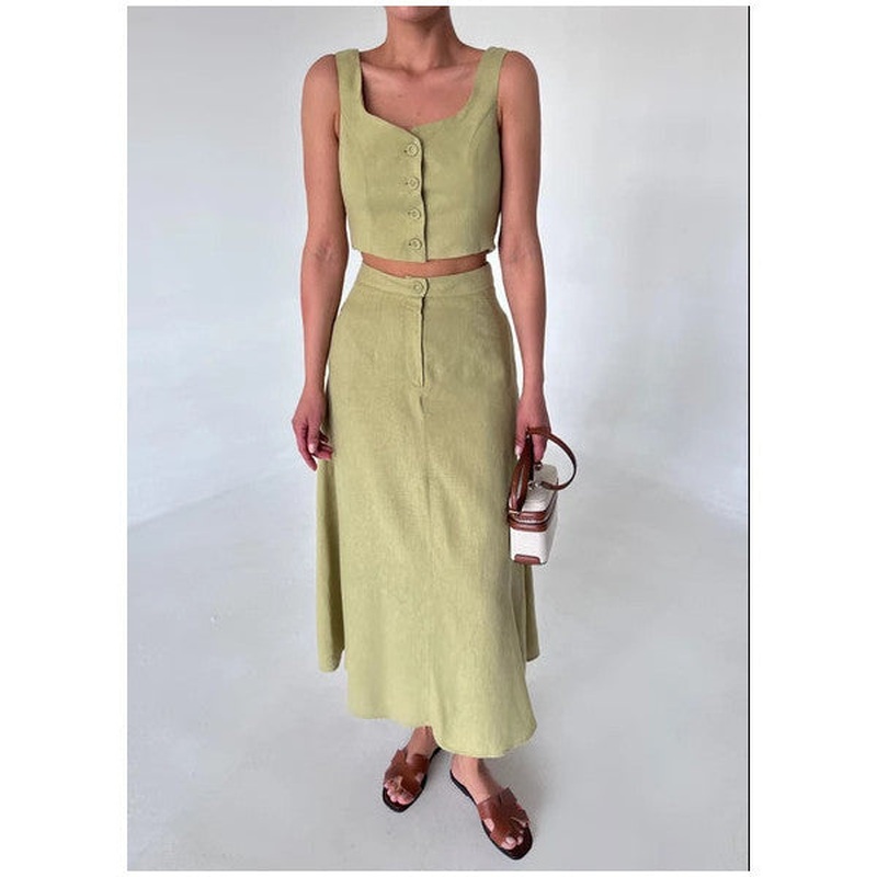 Khaki 100% Cotton Buttoned Vest Skirt Linen Suit