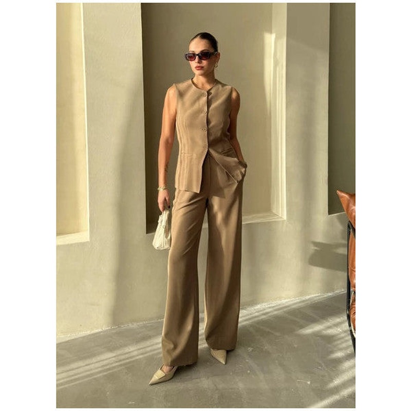 Khaki Camille Classic Buttoned Vest Trousers Set