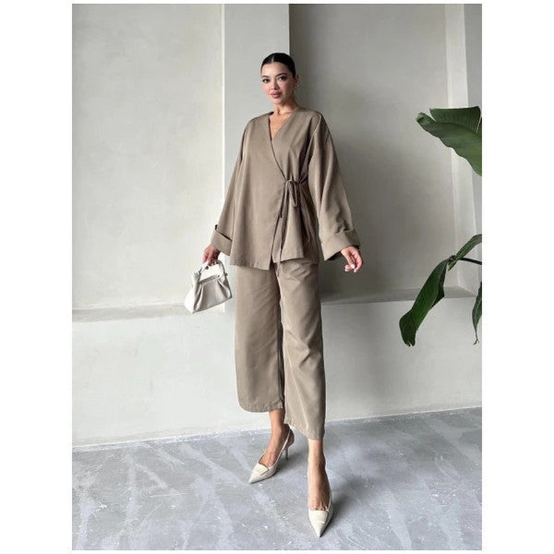 Khaki Lisa Side Tie Trouser Set