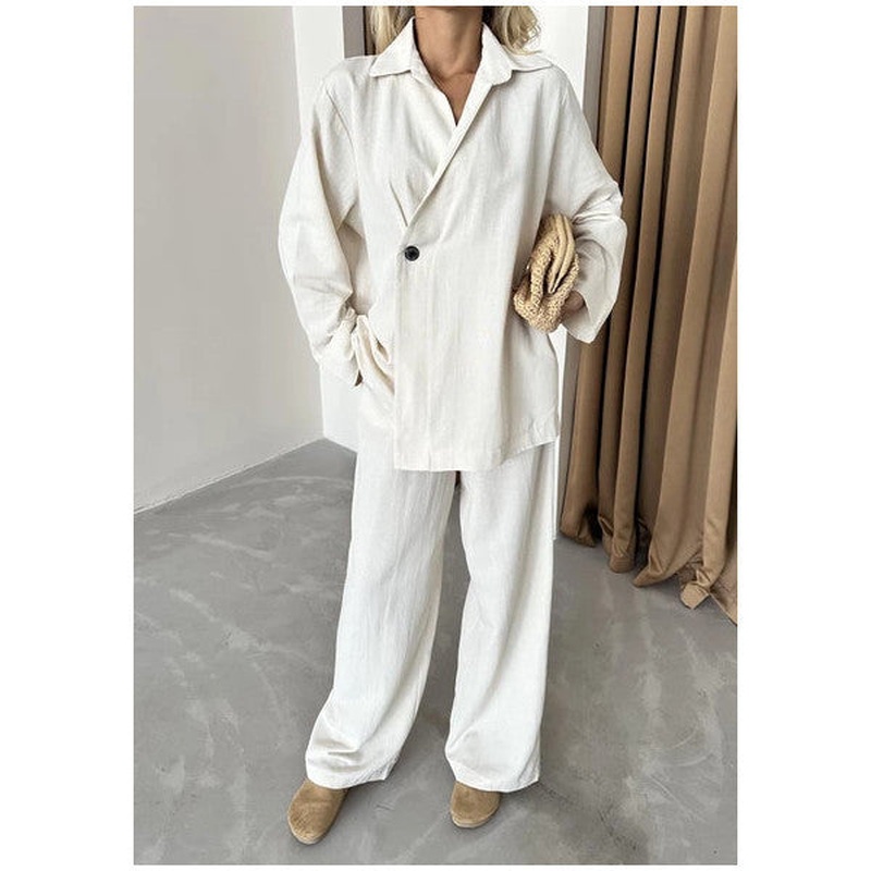 Natural 100% Cotton Double Breasted Single Button Kimono Trouser Set