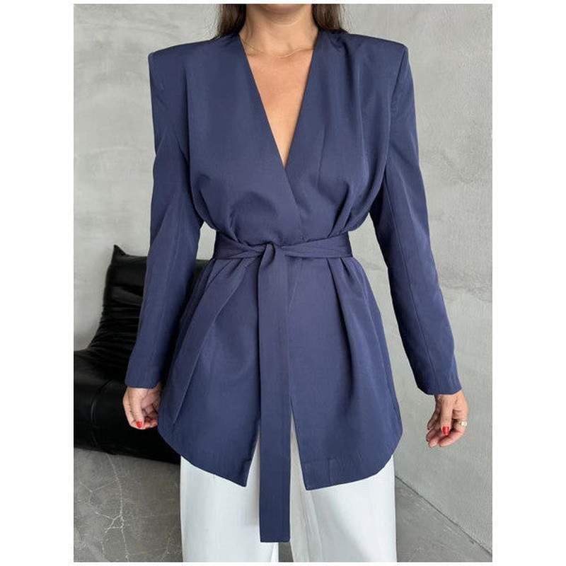 Navy Blue Elegant Belted Jacket