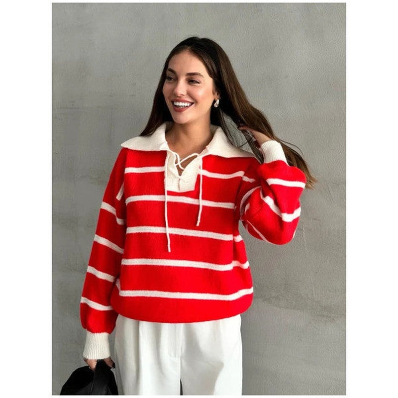 Red Mike Polo Collar Red Striped Front Lace-Up Knitted Sweater