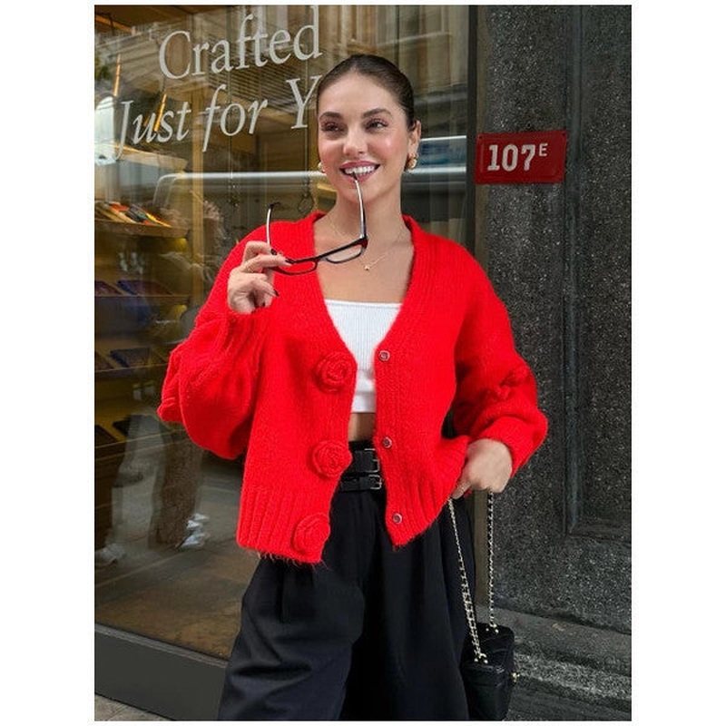 Red Zyra Self Flower Button Cardigan