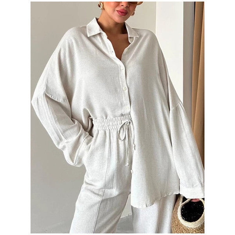 Stone Oversize Off Shoulder Linen Shirt