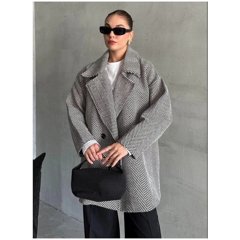 Black 1St Class Quality Herringbone Oversize Cashmere Coat