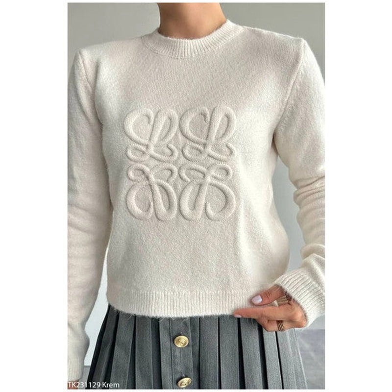 Cream Crew Neck Embossed Patterned Sweater