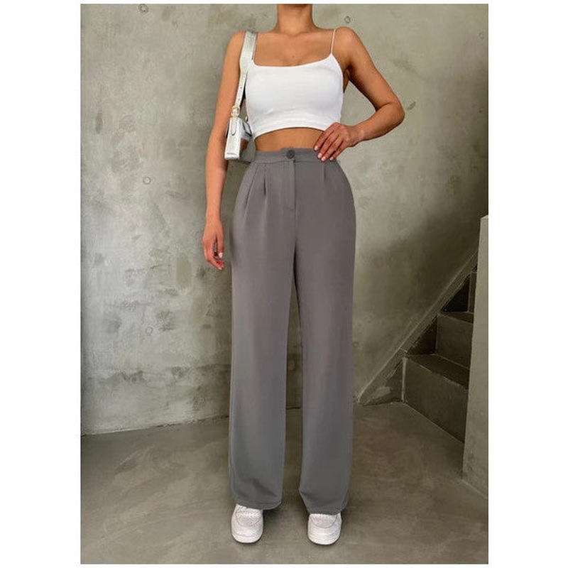 Gray Buttoned Pleated Detailed Palazzo Trousers