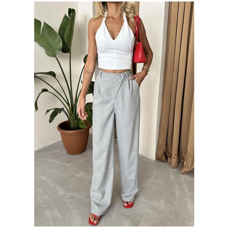 Grey Front Cross Button Detailed Fabric Trousers