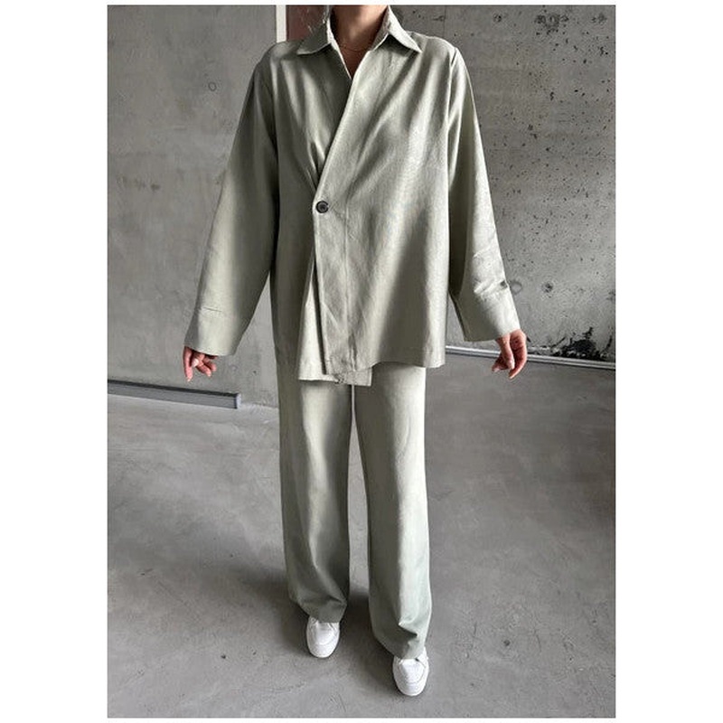 Khaki 100% Cotton Double Breasted Single Button Kimono Trouser Set