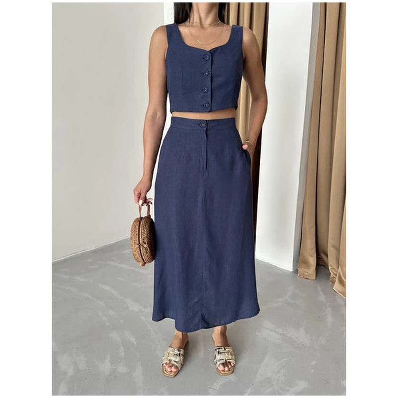 Navy Blue 100% Cotton Buttoned Vest Skirt Linen Suit