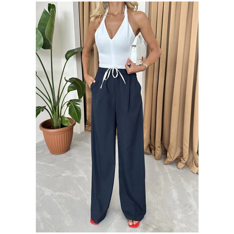 Navy Blue Waistband Detailed Side Zipper Trousers