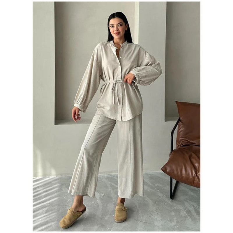 Beige Vanessa Waist Tied Balloon Sleeve Set