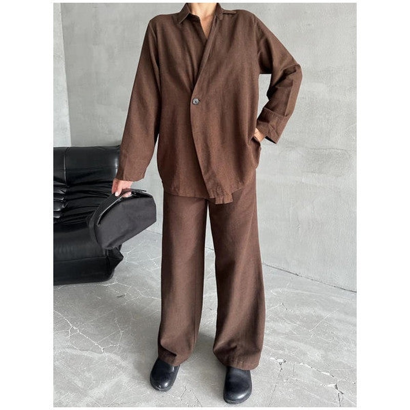 Brown 100% Cotton Double Breasted Single Button Kimono Trouser Set