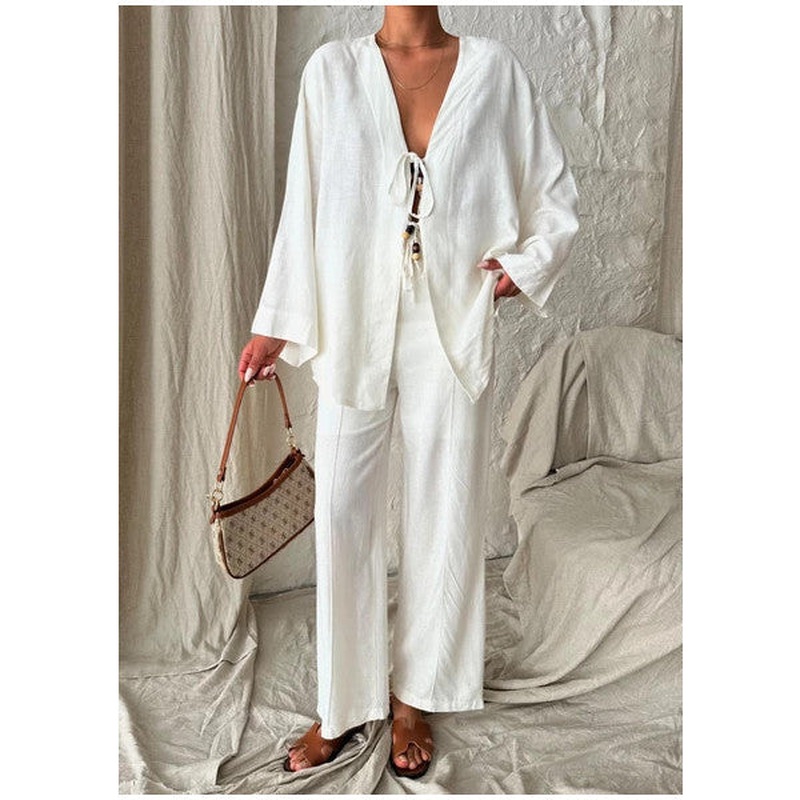 Ecru Beaded Kimono Linen Set