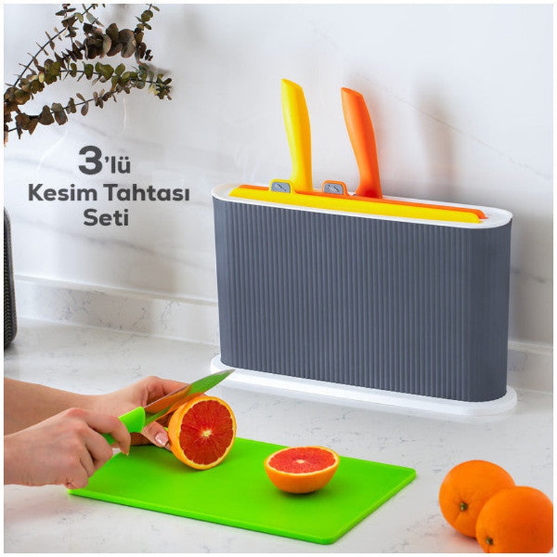 1076 3-Knife Anthracite-White Stand Multi Cutting Board Set - Plastic Red Meat Fish Vegetable White Meat