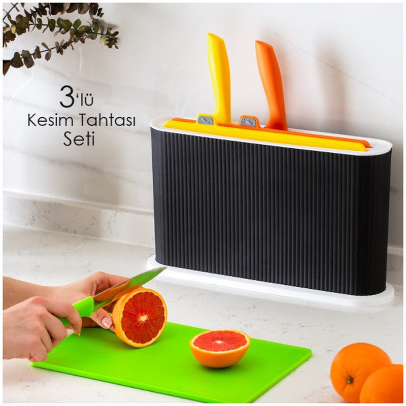 Porsima 1075 3 Knife Black-White Stand Multi Cutting Board Set - Plastic Red Meat Fish Vegetable White Meat