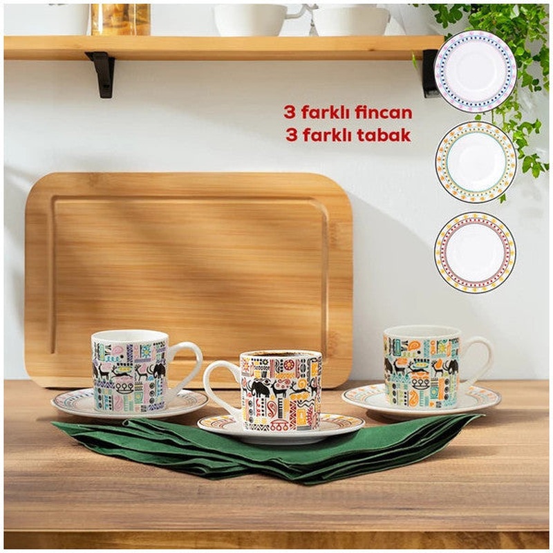 Te-207 Natura Cup Set-Patterned Porcelain Turkish Coffee Cup Set-For 6 Persons 90 Cc