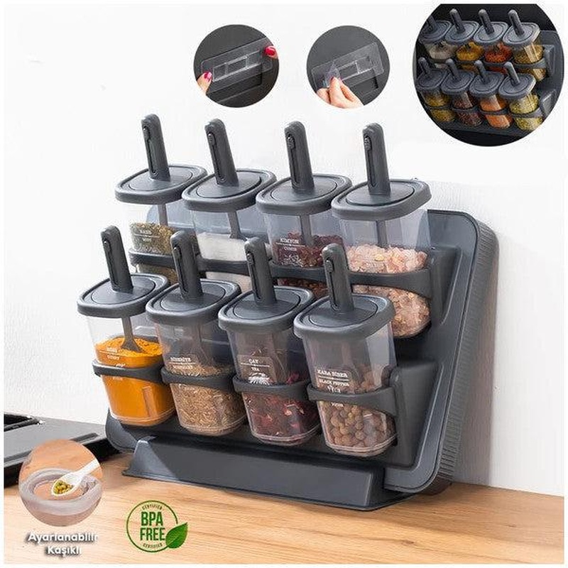 Porsima 1124 Stand, Slide Spoon, 360 Rotating Lid, Labeled Spice Jar Set - Food Storage Container Anthracite