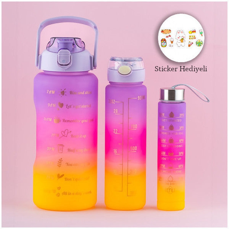 Porsima 11918 3-Piece Motivational Sticker Odorless Sports Water Bottle - Water Bottle - Colorful Water Bottle Lilac
