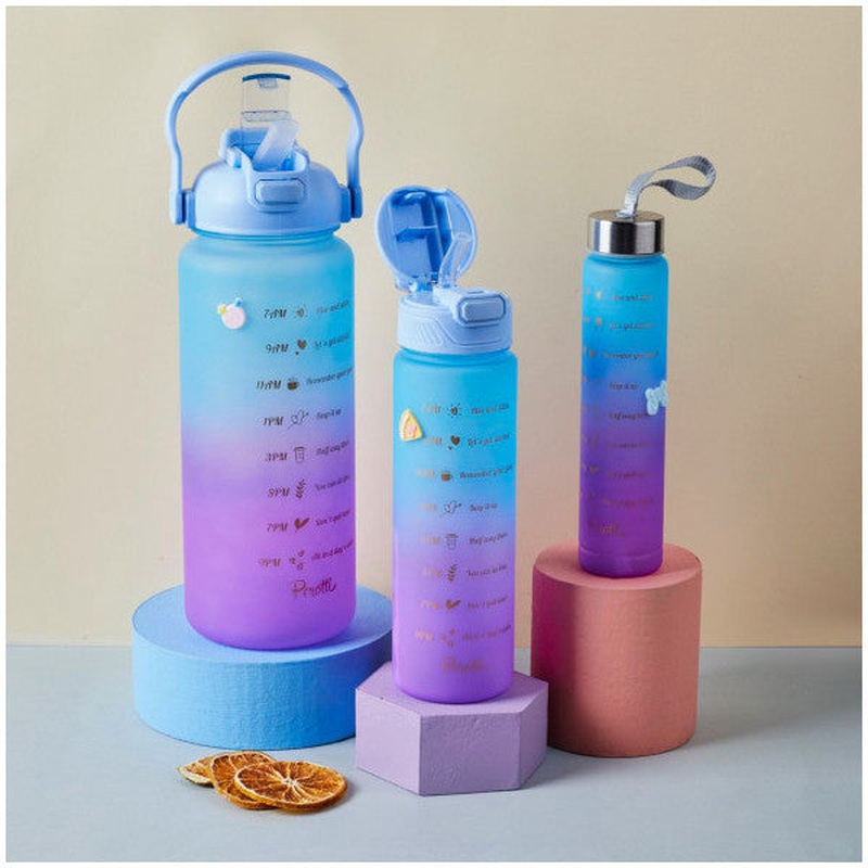 Porsima 11918 Example Motivational 3 Water Bottles With Degree And Water Drinking Time Tritan Water Bottle Blue