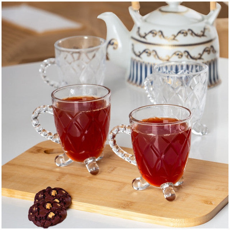 Porsima 15720 Footed Handled Patterned 4-Piece Glass Cup - Handled Tea Coffee Glass - 200 Cc