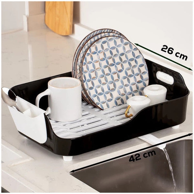 Akl-060 Black Luxury Plate Dish Rack-Dish Basket With Directional Water Drain Channel-With Spoon Holder