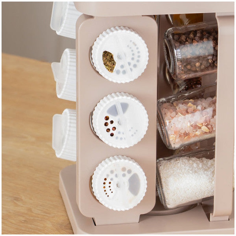 Porsima 1078 Square Prism Rotating Stand With Rotating Lid 12 Glass Spice Jar-Organizer Organizer-Cappuccino White