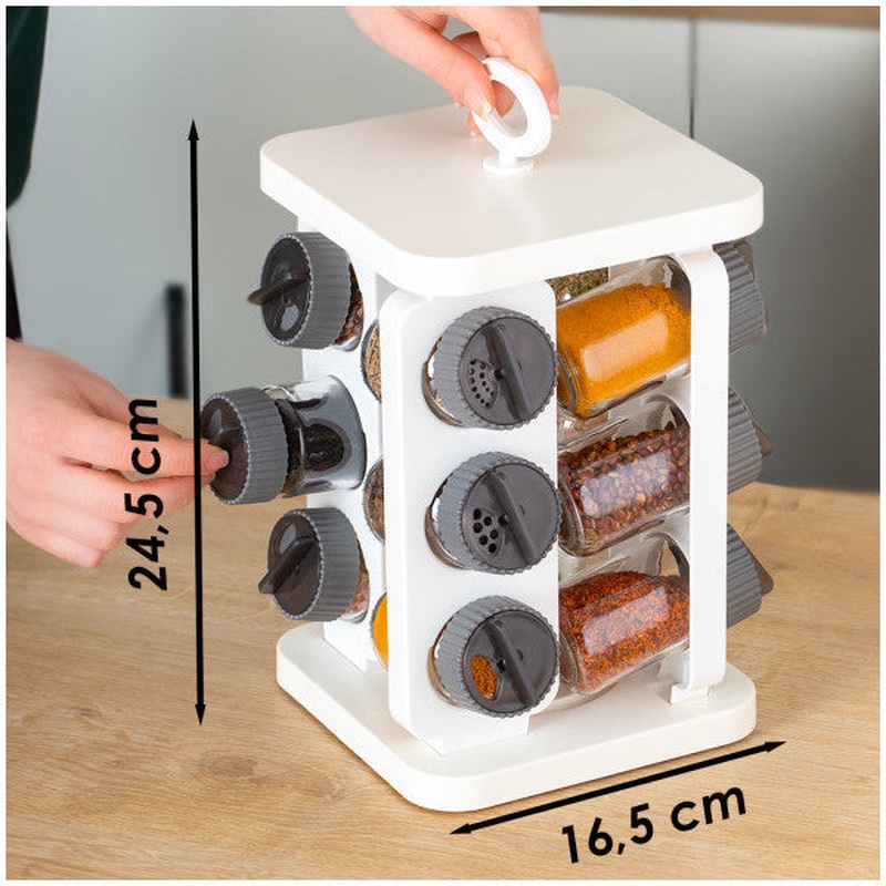 Porsima 1081 Square Prism Rotating Stand With Rotating Lid 12 Glass Spice Rack-Organizer-White Anthracite
