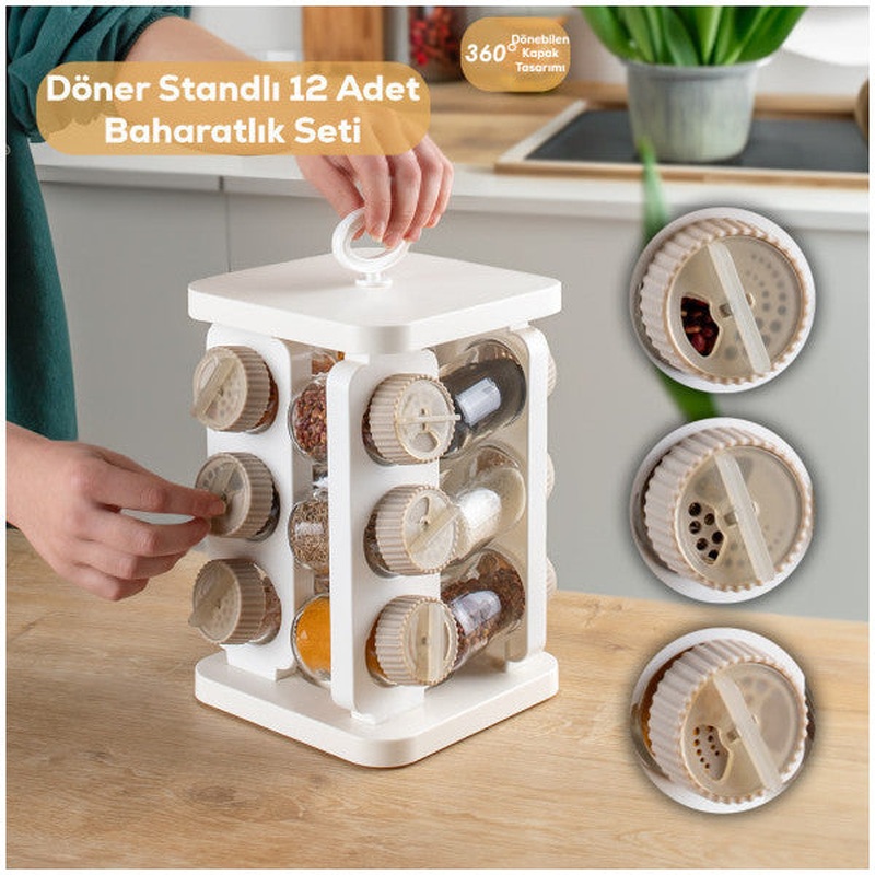 Porsima 1082 Square Prism Rotating Stand With Rotating Lid 12 Glass Spice Jar-Organizer Organizer-White Cappuccino