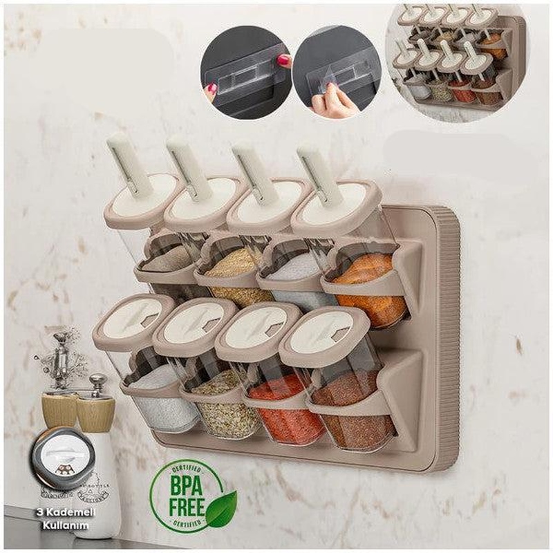 Porsima 1116 Stand Slide Spoon 360 Rotating Lid Labeled Spice Jar Set - Food Storage Container Cappuccino