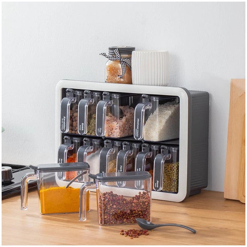 Porsima 1118 12-Piece Stand Self-Adhesive Spoon Lid Spice Storage Container Set - Anthracite White