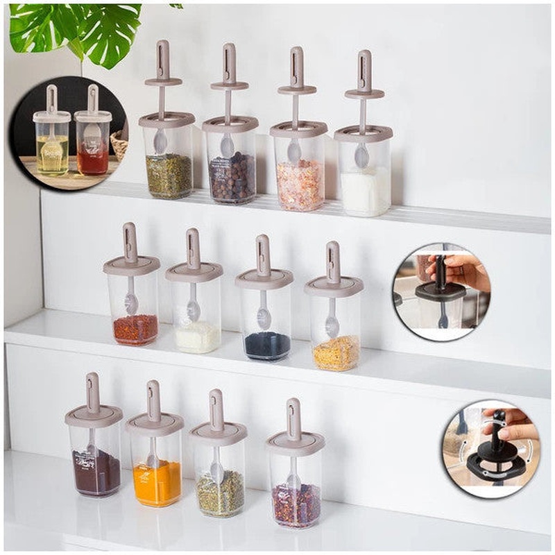 1104 14-Piece Slide Spoon Leakproof Lid Labeled Oil Can Spice Set-Storage Container