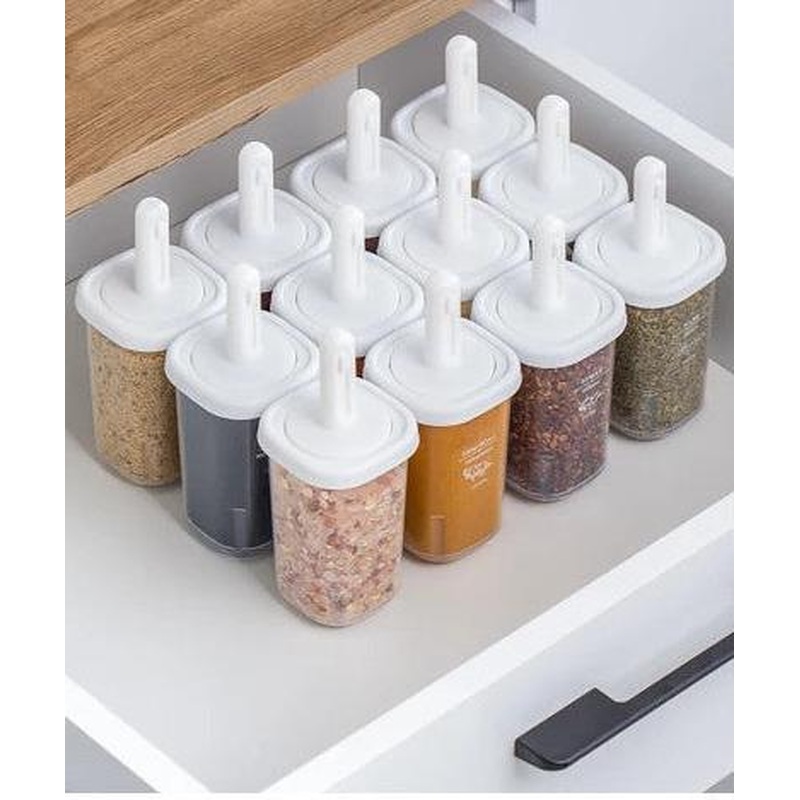 Porsima 1103 14-Piece Slide Spoon Leakproof Lid Labeled Oil Can Spice Set-Storage Container White