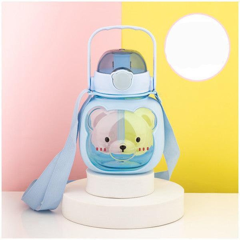 Porsima 21.0008 Bear Figured Water Bottle Straw Hanging Water Bottle-Blue 1000 Ml