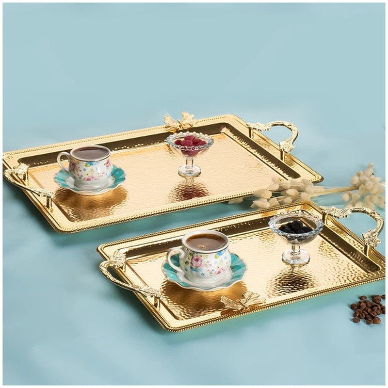Porsima 3250 2-Piece Gold Stainless Steel Coffee Tray Butterfly Detailed Decorative Serving Presentation Tray