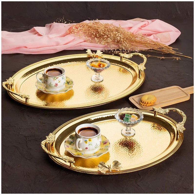 Porsima 3252 2 Gold Stainless Steel Coffee Tray Gold Detailed Decorative Serving Presentation Tray