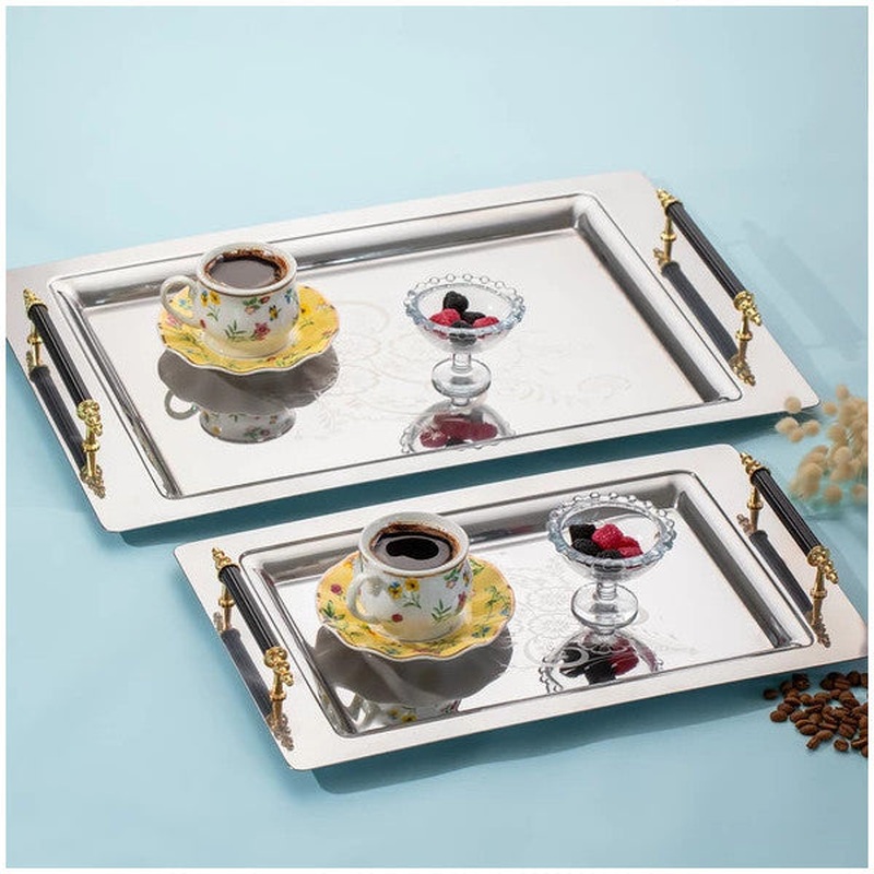Porsima Gold 2-Piece Stainless Steel Silver Coffee Tray Gold Black Patterned Decorative Serving Presentation Tray