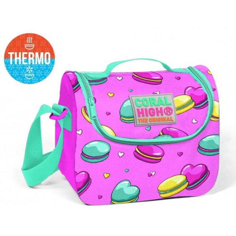 Coral High Pink Macaron Patterned Thermos Lunch Box - Girls