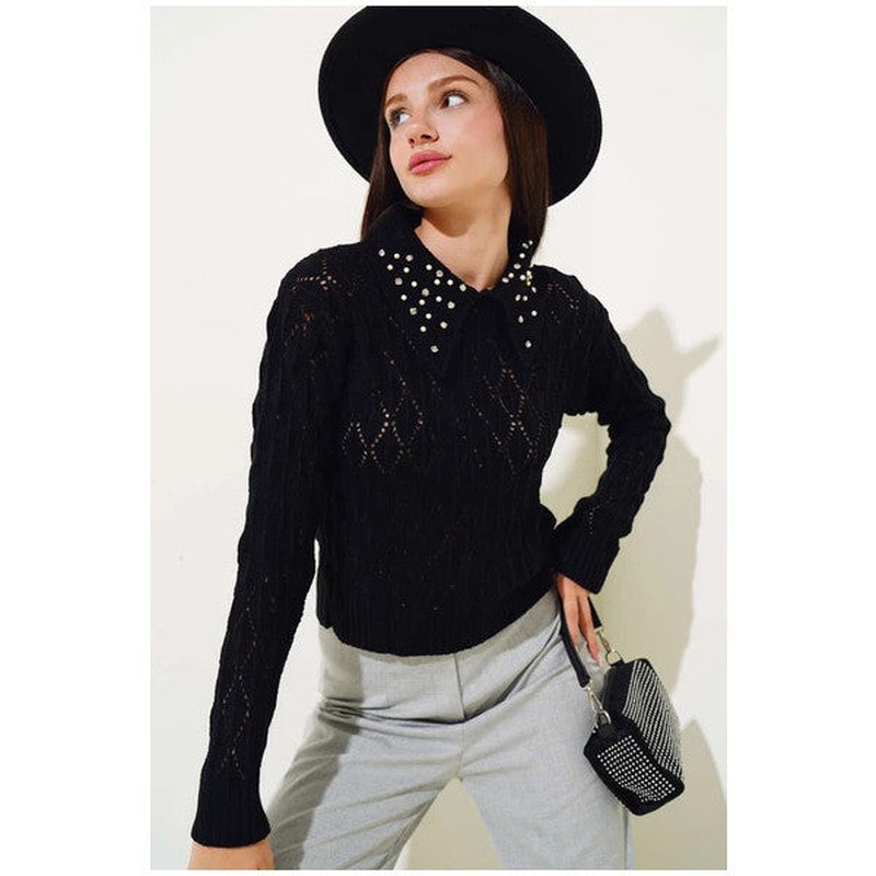 Stone Collar Diamond Pattern Knitwear Sweater Black