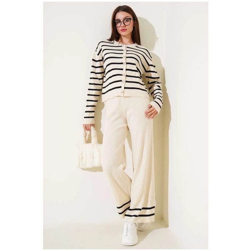Striped Cardigan Knitwear Set Stone