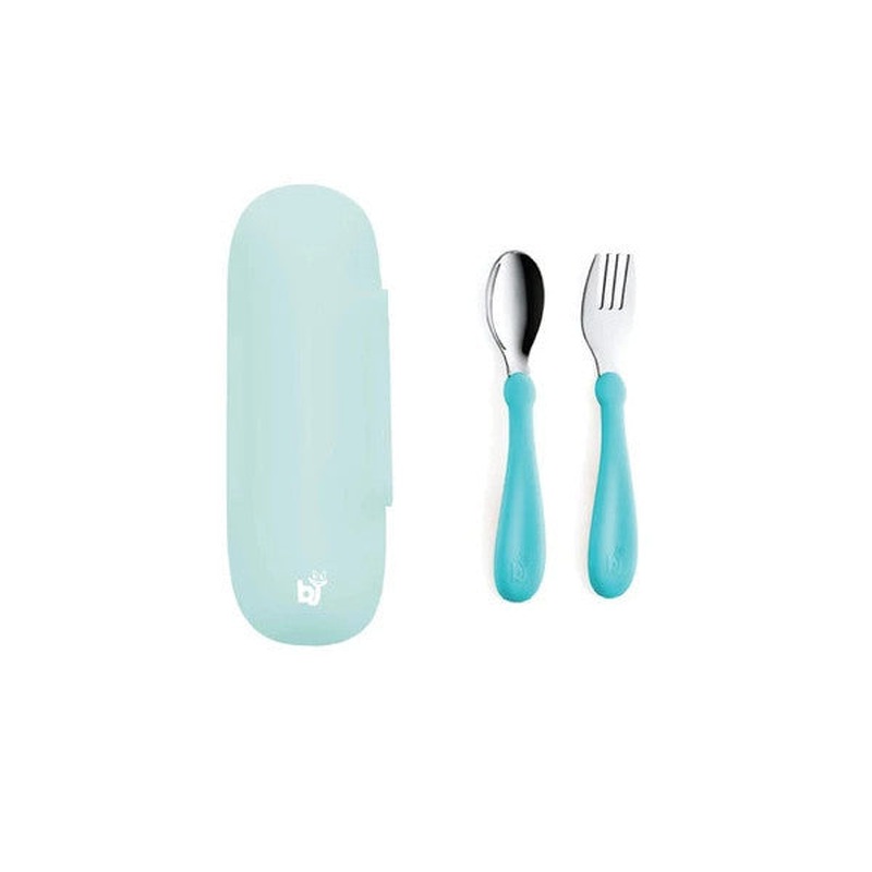 Babyjem Cutlery Storage Box Green + Stainless Steel Cutlery Set Turquoise