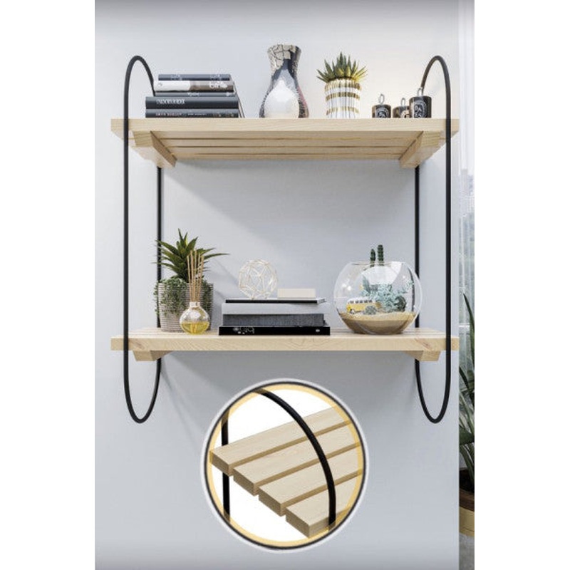 Bino Bookshelf Wall Shelf Wooden Living Room Bathroom Kitchen Shelf Decorative 2 Tiers Matte Black Stainless Steel