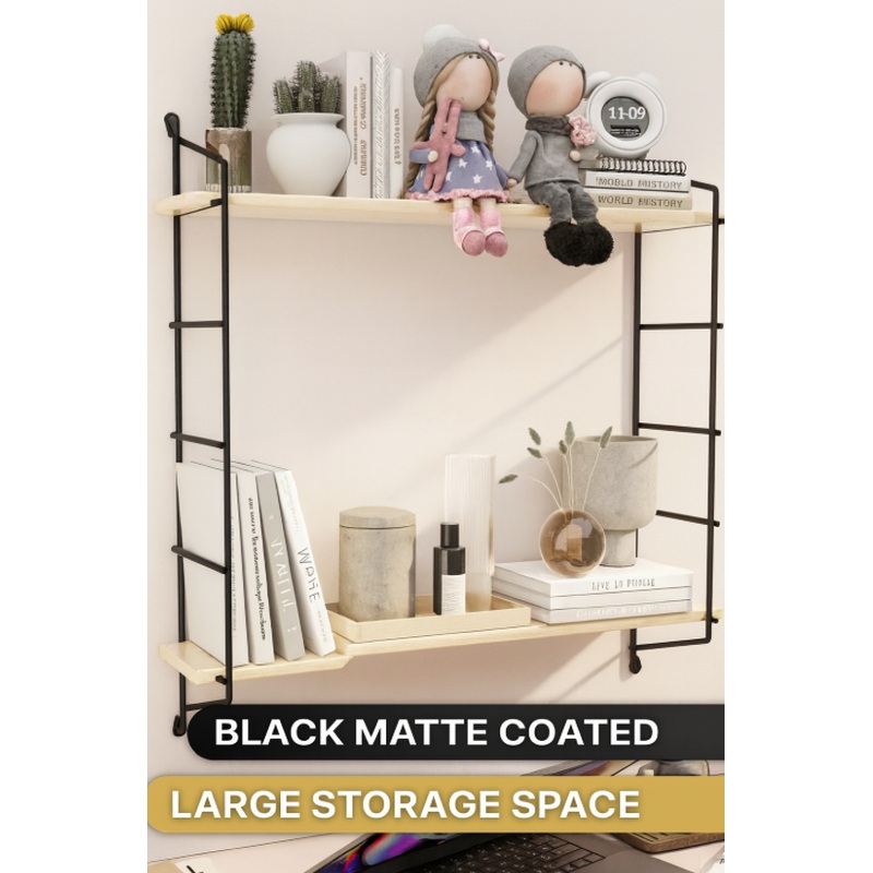 Bino Wall Shelf Solid Natural Wood Large Size Large 2 Tiers Bookshelf Terek Kitchen Shelf Bathroom Shelf