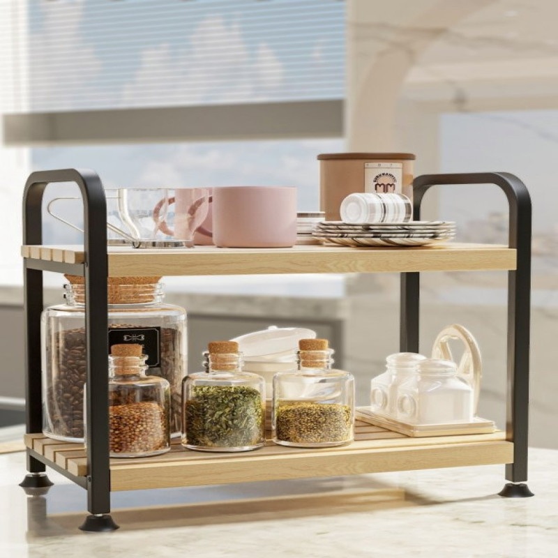 Multi-Purpose Kitchen Organizer Shelf  Wooden Countertop Cabinet Storage Rack