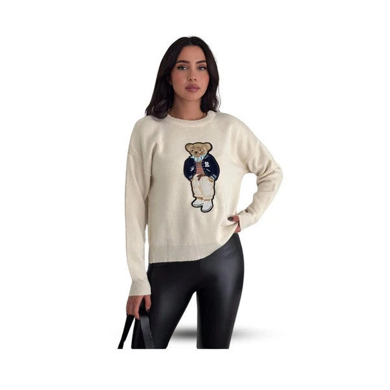 Eyshan Teddy Bear Patterned Standard Size Knitwear Women's Sweater - Cream