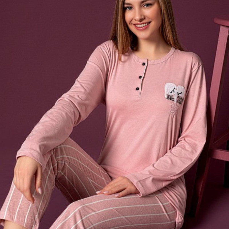Nisanca Seasonal Long Sleeve 100 Cotton Women's Pajama Set - Patterned Women's Pajamas