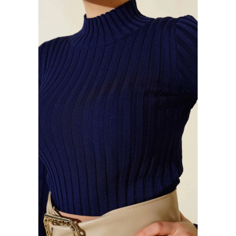 Ribbed Stretchy Knitwear Sweater Navy Blue